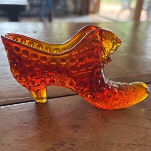 Fenton Amberina Hobnail Glass Shoe Figurine Orange Yellow Victorian Boot 5 inch
